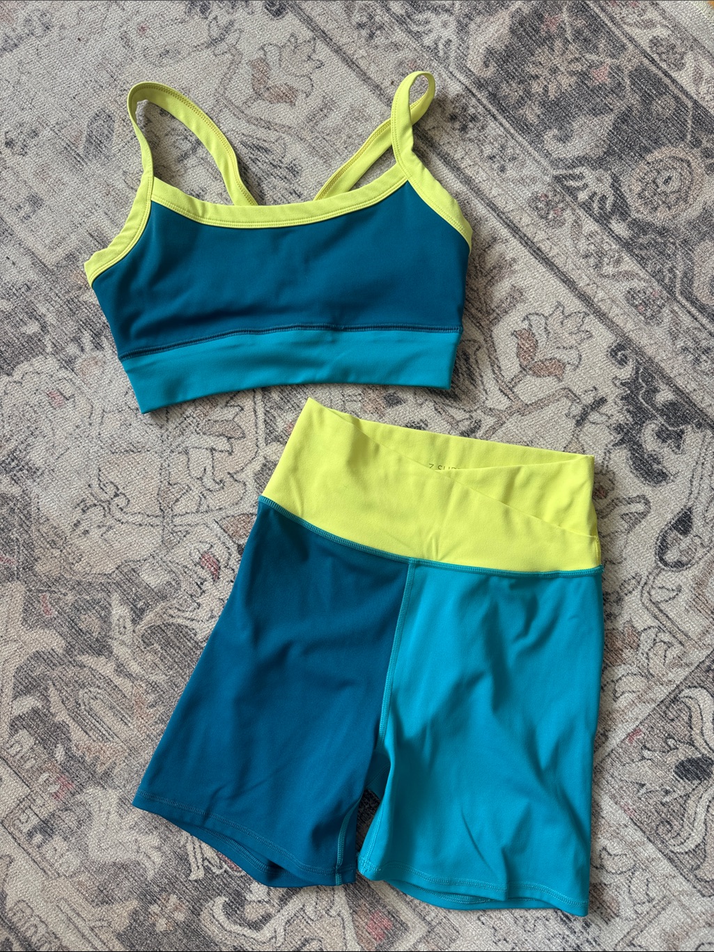 Z Supply Colorblock Athletic Set - Teal & Lime Sports Bra With Bike Shorts